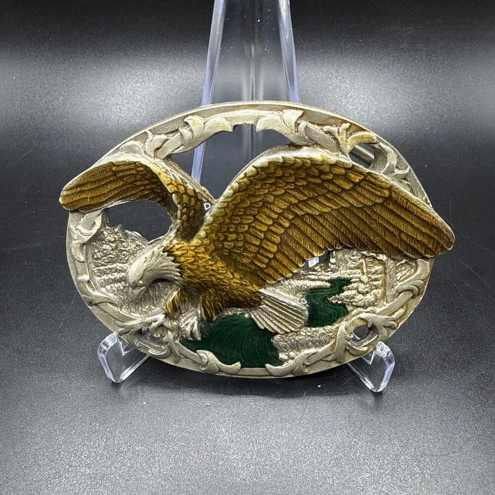 Vintage 1990 C+J Flying American Eagle Belt Buckle Colored Enamel